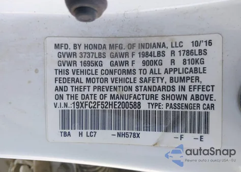 2017 Honda Civic Lx from USA, damaged, VIN 19XFC2F52HE200588
